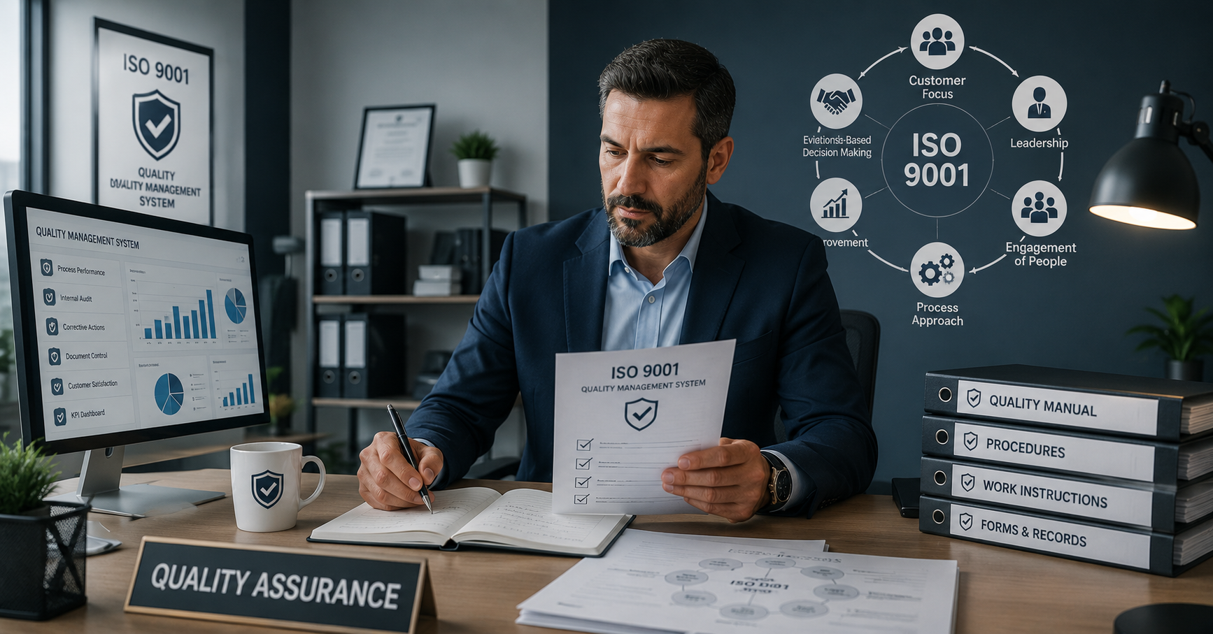 مدقق جودة يراجع قائمة تدقيق ISO 9001 مع رسم لمبادئ الجودة السبع